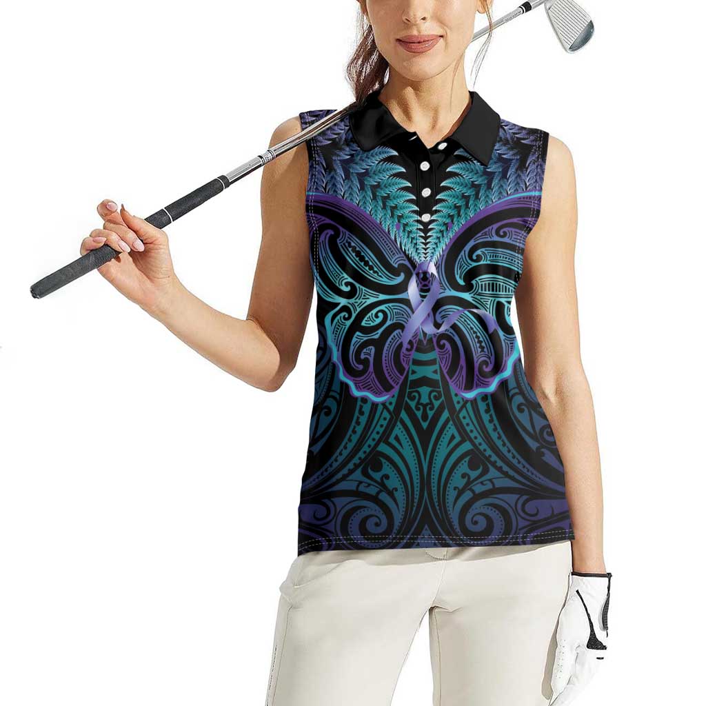 Suicide Prevention New Zealand Women Sleeveless Polo Shirt Aotearoa Maori Butterfly Mix Silver Fern LT14 - Polynesian Pride