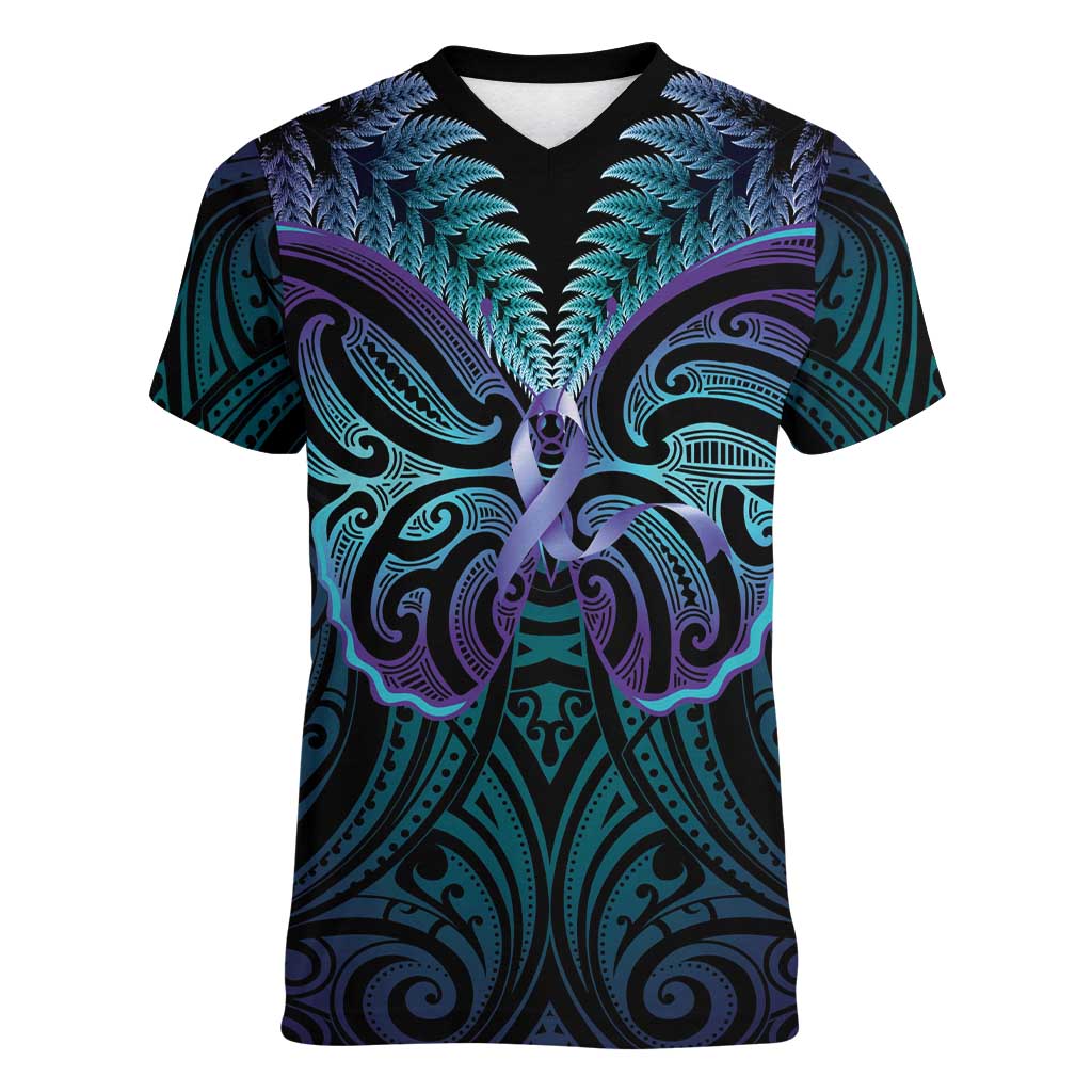 Suicide Prevention New Zealand Women V-Neck T-Shirt Aotearoa Maori Butterfly Mix Silver Fern LT14 Female Black - Polynesian Pride