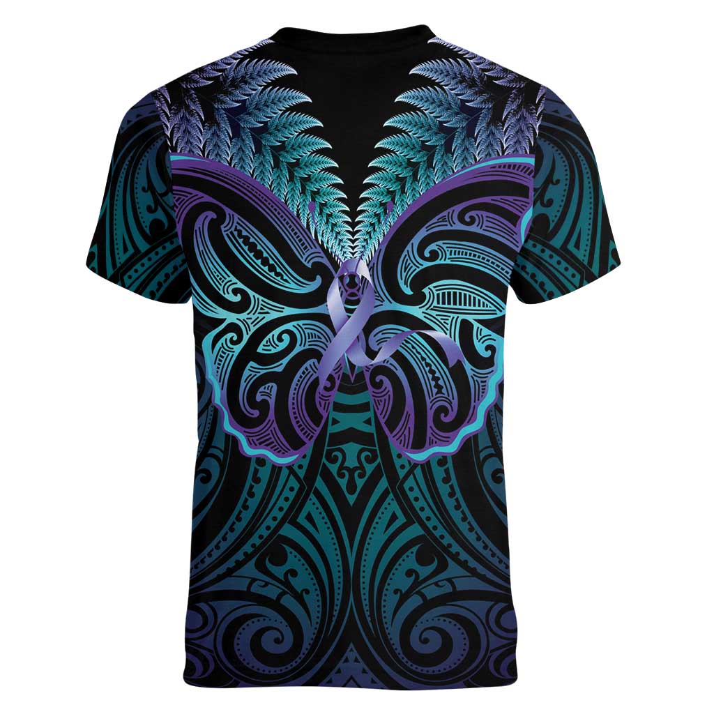 Suicide Prevention New Zealand Women V-Neck T-Shirt Aotearoa Maori Butterfly Mix Silver Fern LT14 - Polynesian Pride