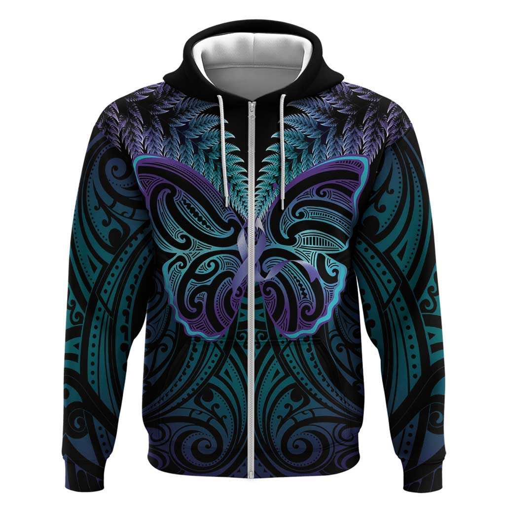 Suicide Prevention New Zealand Zip Hoodie Aotearoa Maori Butterfly Mix Silver Fern LT14 Zip Hoodie Black - Polynesian Pride