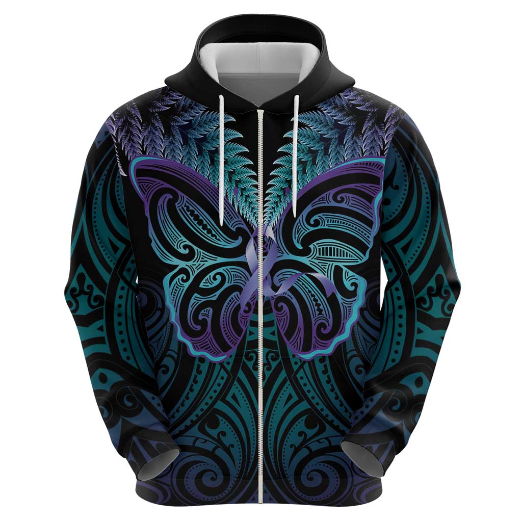 Suicide Prevention New Zealand Zip Hoodie Aotearoa Maori Butterfly Mix Silver Fern LT14 - Polynesian Pride
