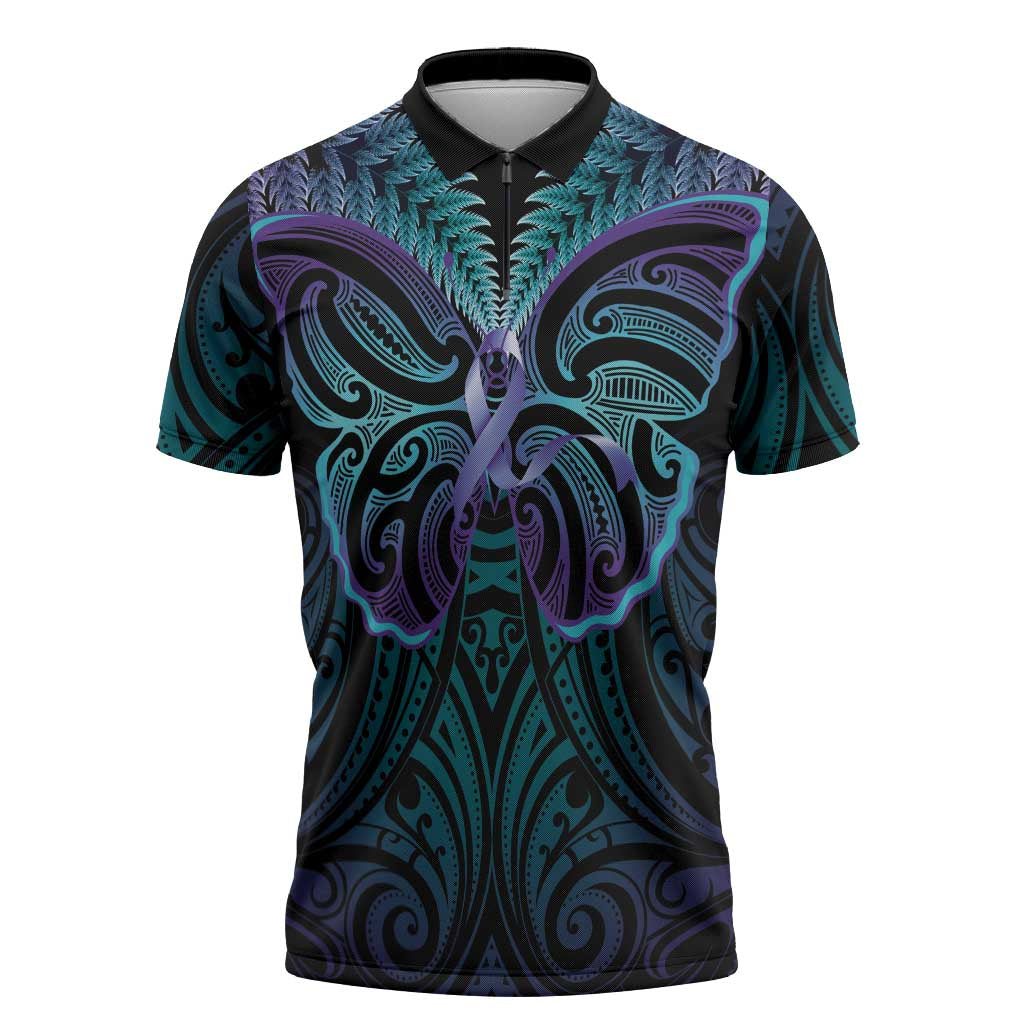 Suicide Prevention New Zealand Zipper Polo Shirt Aotearoa Maori Butterfly Mix Silver Fern LT14 Black - Polynesian Pride