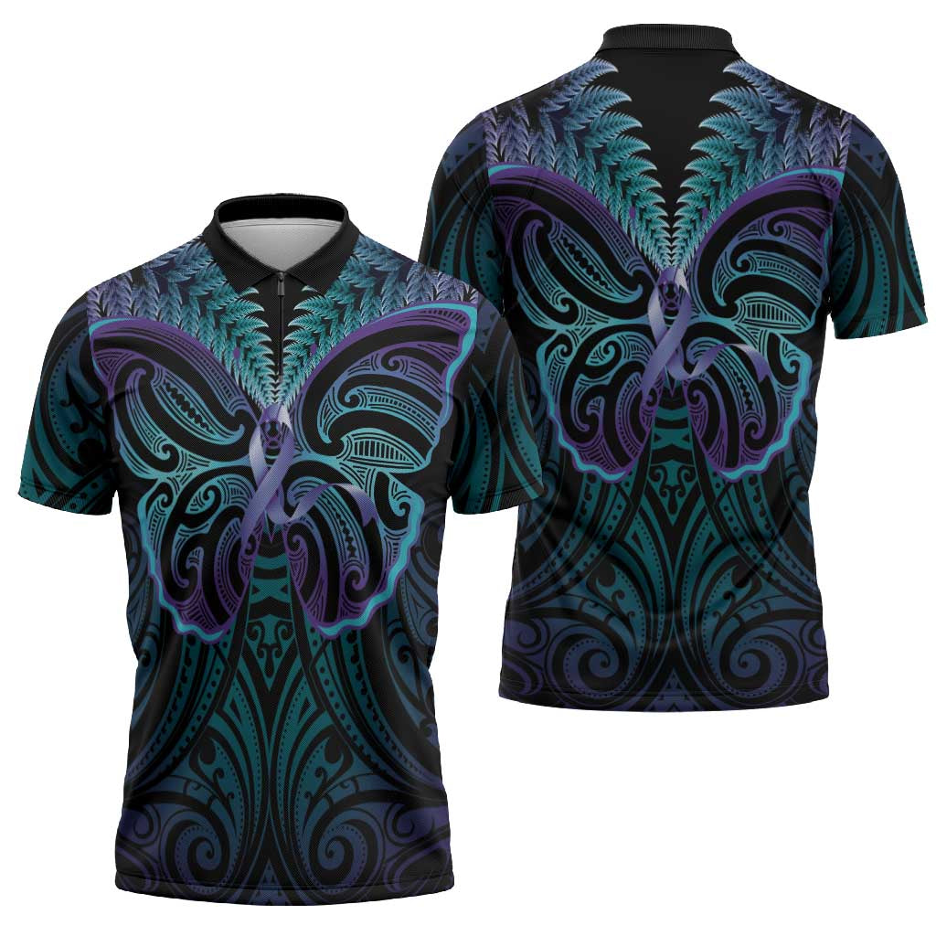 Suicide Prevention New Zealand Zipper Polo Shirt Aotearoa Maori Butterfly Mix Silver Fern LT14 - Polynesian Pride