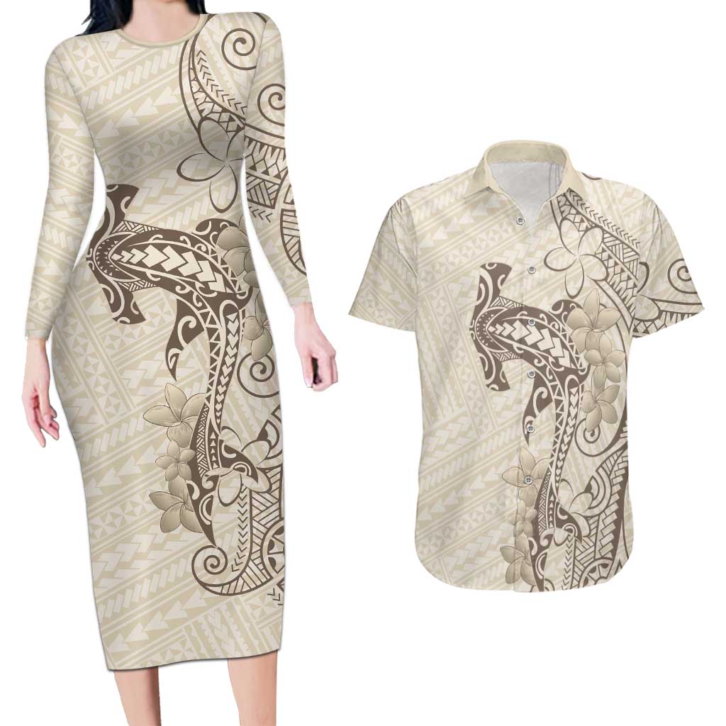 Beige Hawaii Couples Matching Long Sleeve Bodycon Dress and Hawaiian Shirt Hammerhead Shark Tattoo Curve Polynesian LT14 Beige - Polynesian Pride