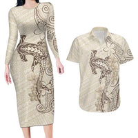 Beige Hawaii Couples Matching Long Sleeve Bodycon Dress and Hawaiian Shirt Hammerhead Shark Tattoo Curve Polynesian LT14 Beige - Polynesian Pride