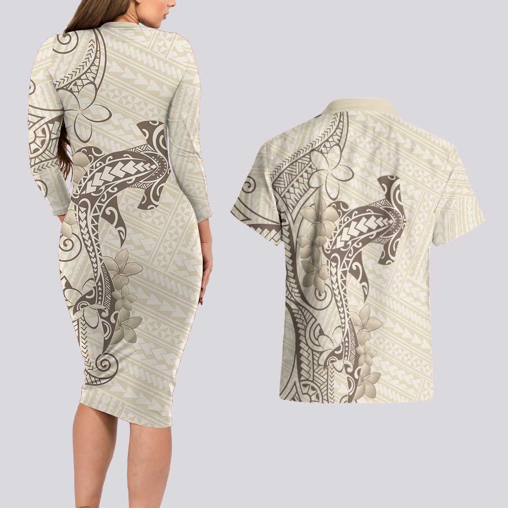 Beige Hawaii Couples Matching Long Sleeve Bodycon Dress and Hawaiian Shirt Hammerhead Shark Tattoo Curve Polynesian LT14 - Polynesian Pride