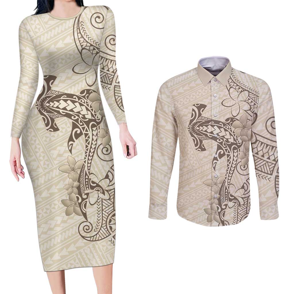 Beige Hawaii Couples Matching Long Sleeve Bodycon Dress and Long Sleeve Button Shirt Hammerhead Shark Tattoo Curve Polynesian LT14 Beige - Polynesian Pride