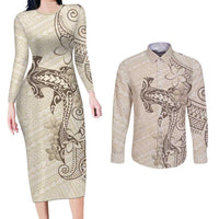 Beige Hawaii Couples Matching Long Sleeve Bodycon Dress and Long Sleeve Button Shirt Hammerhead Shark Tattoo Curve Polynesian LT14 Beige - Polynesian Pride