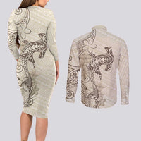 Beige Hawaii Couples Matching Long Sleeve Bodycon Dress and Long Sleeve Button Shirt Hammerhead Shark Tattoo Curve Polynesian LT14 - Polynesian Pride