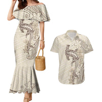 Beige Hawaii Couples Matching Mermaid Dress and Hawaiian Shirt Hammerhead Shark Tattoo Curve Polynesian LT14 Beige - Polynesian Pride