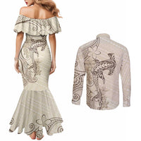 Beige Hawaii Couples Matching Mermaid Dress and Long Sleeve Button Shirt Hammerhead Shark Tattoo Curve Polynesian LT14 - Polynesian Pride