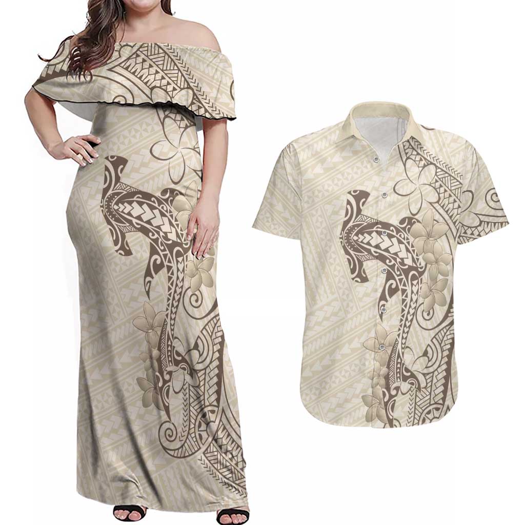 Beige Hawaii Couples Matching Off Shoulder Maxi Dress and Hawaiian Shirt Hammerhead Shark Tattoo Curve Polynesian LT14 Beige - Polynesian Pride