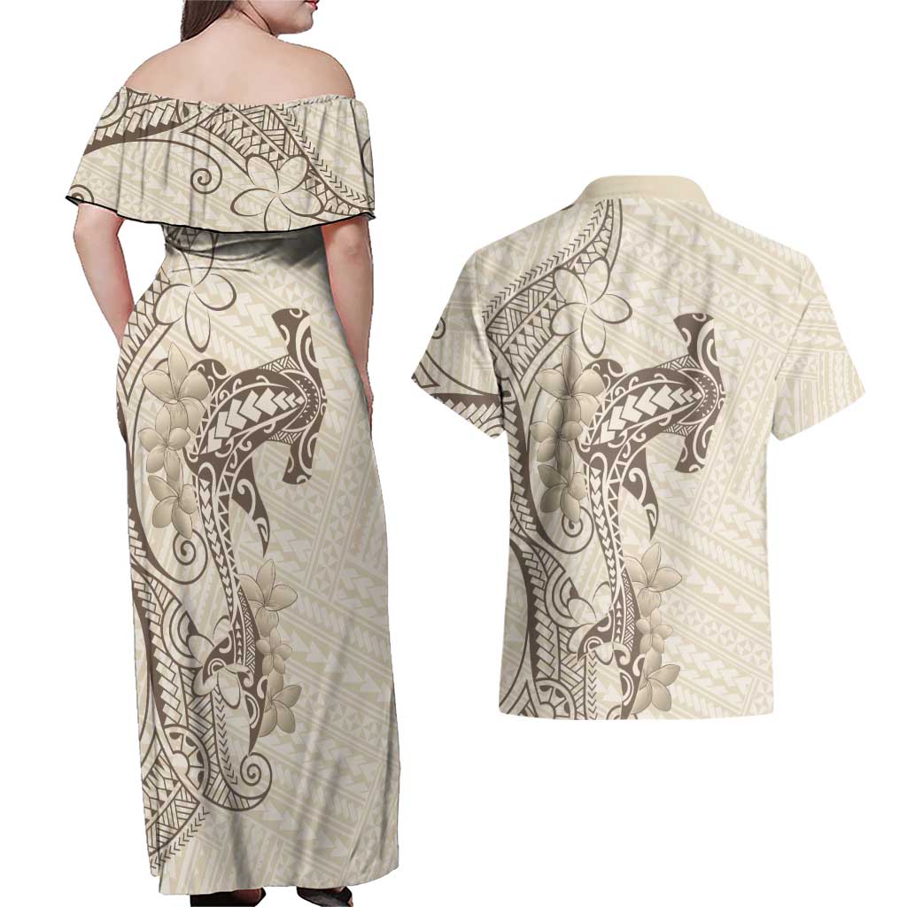Beige Hawaii Couples Matching Off Shoulder Maxi Dress and Hawaiian Shirt Hammerhead Shark Tattoo Curve Polynesian LT14 - Polynesian Pride