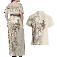Beige Hawaii Couples Matching Off Shoulder Maxi Dress and Hawaiian Shirt Hammerhead Shark Tattoo Curve Polynesian LT14 - Polynesian Pride