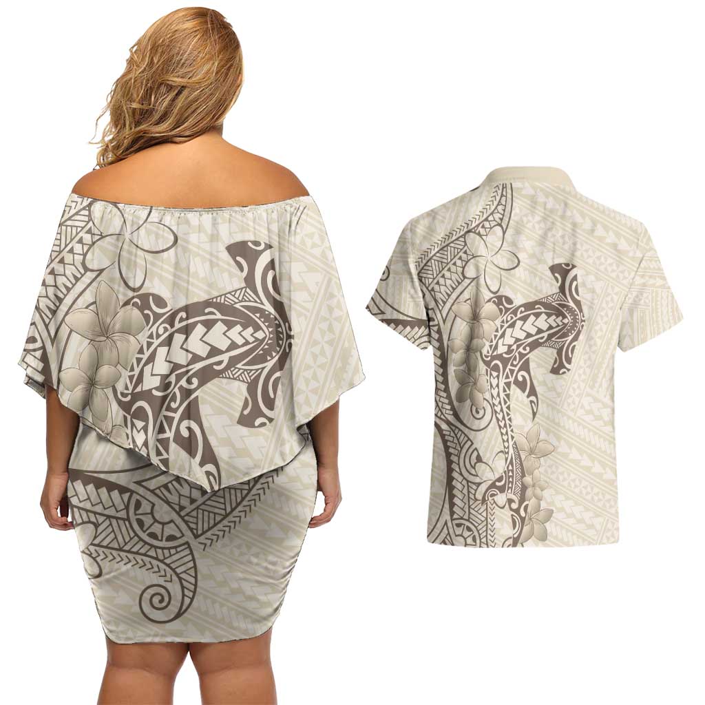 Beige Hawaii Couples Matching Off Shoulder Short Dress and Hawaiian Shirt Hammerhead Shark Tattoo Curve Polynesian LT14 - Polynesian Pride