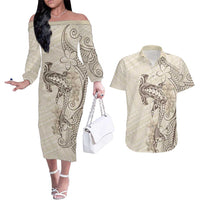 Beige Hawaii Couples Matching Off The Shoulder Long Sleeve Dress and Hawaiian Shirt Hammerhead Shark Tattoo Curve Polynesian LT14 Beige - Polynesian Pride