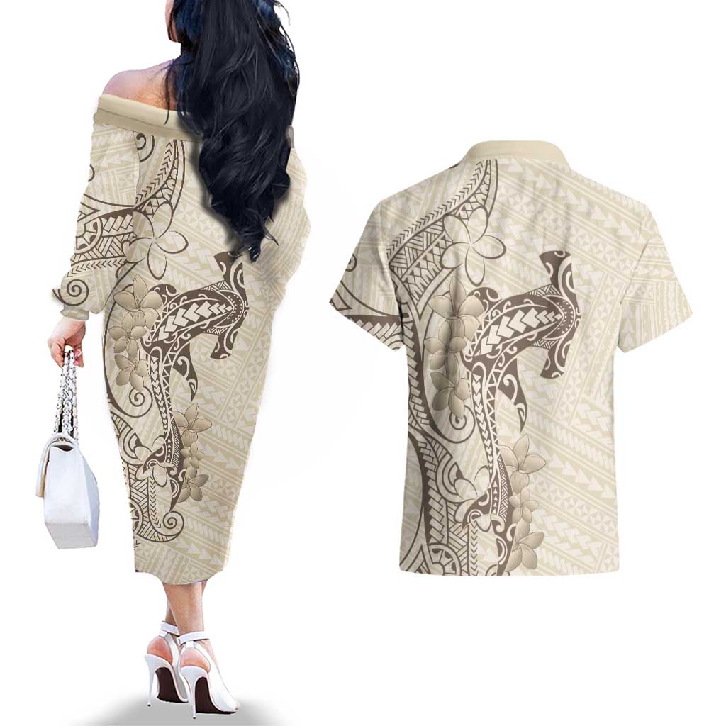 Beige Hawaii Couples Matching Off The Shoulder Long Sleeve Dress and Hawaiian Shirt Hammerhead Shark Tattoo Curve Polynesian LT14 - Polynesian Pride