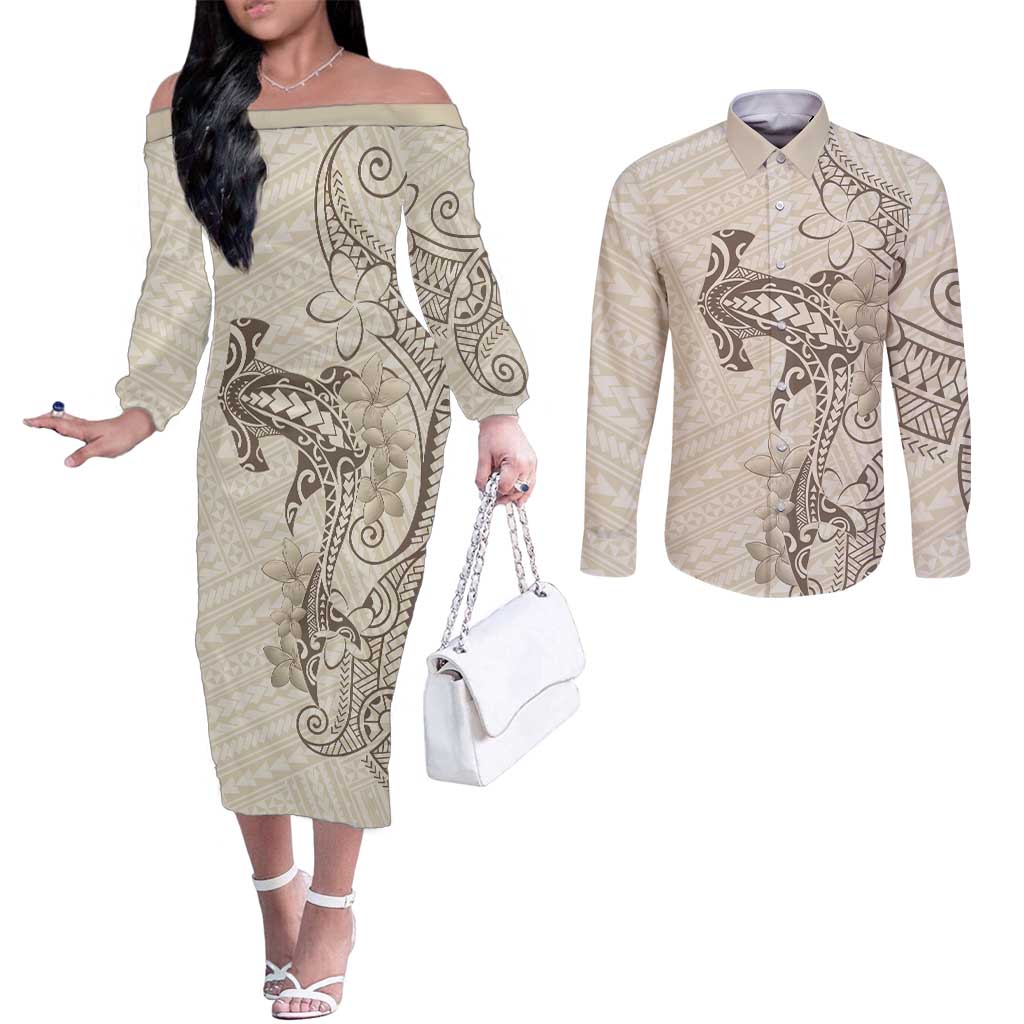 Beige Hawaii Couples Matching Off The Shoulder Long Sleeve Dress and Long Sleeve Button Shirt Hammerhead Shark Tattoo Curve Polynesian LT14 Beige - Polynesian Pride
