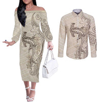 Beige Hawaii Couples Matching Off The Shoulder Long Sleeve Dress and Long Sleeve Button Shirt Hammerhead Shark Tattoo Curve Polynesian LT14 Beige - Polynesian Pride