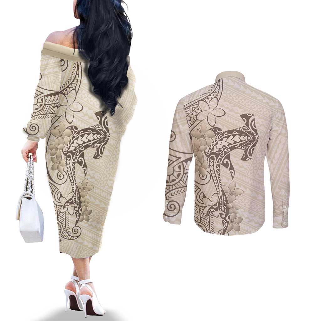 Beige Hawaii Couples Matching Off The Shoulder Long Sleeve Dress and Long Sleeve Button Shirt Hammerhead Shark Tattoo Curve Polynesian LT14 - Polynesian Pride