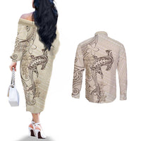 Beige Hawaii Couples Matching Off The Shoulder Long Sleeve Dress and Long Sleeve Button Shirt Hammerhead Shark Tattoo Curve Polynesian LT14 - Polynesian Pride
