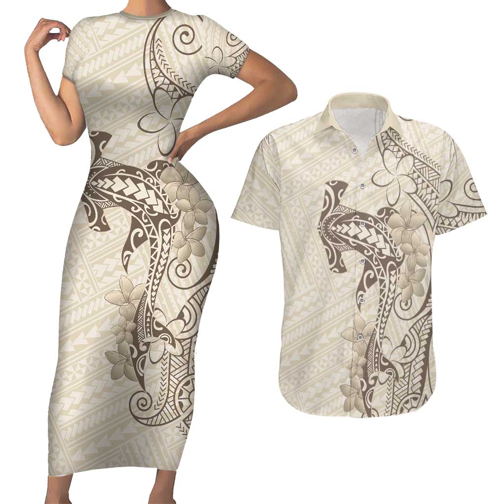 Beige Hawaii Couples Matching Short Sleeve Bodycon Dress and Hawaiian Shirt Hammerhead Shark Tattoo Curve Polynesian LT14 Beige - Polynesian Pride
