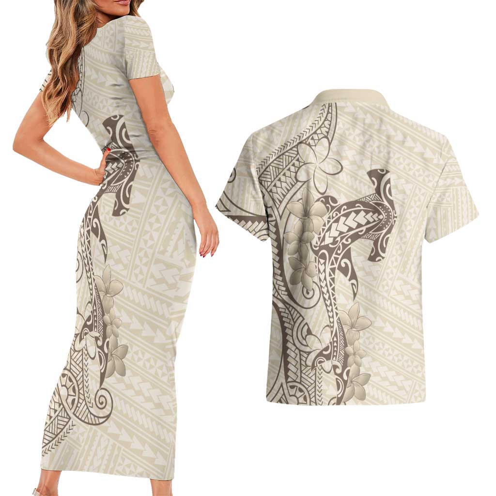 Beige Hawaii Couples Matching Short Sleeve Bodycon Dress and Hawaiian Shirt Hammerhead Shark Tattoo Curve Polynesian LT14 - Polynesian Pride