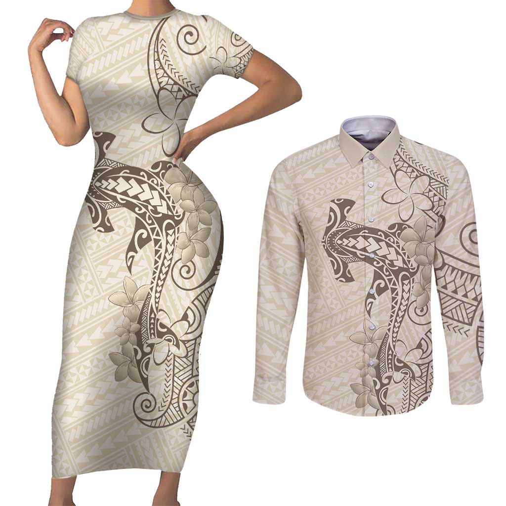 Beige Hawaii Couples Matching Short Sleeve Bodycon Dress and Long Sleeve Button Shirt Hammerhead Shark Tattoo Curve Polynesian LT14 Beige - Polynesian Pride