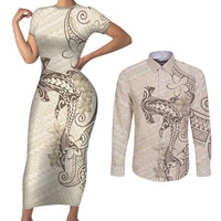 Beige Hawaii Couples Matching Short Sleeve Bodycon Dress and Long Sleeve Button Shirt Hammerhead Shark Tattoo Curve Polynesian LT14 Beige - Polynesian Pride