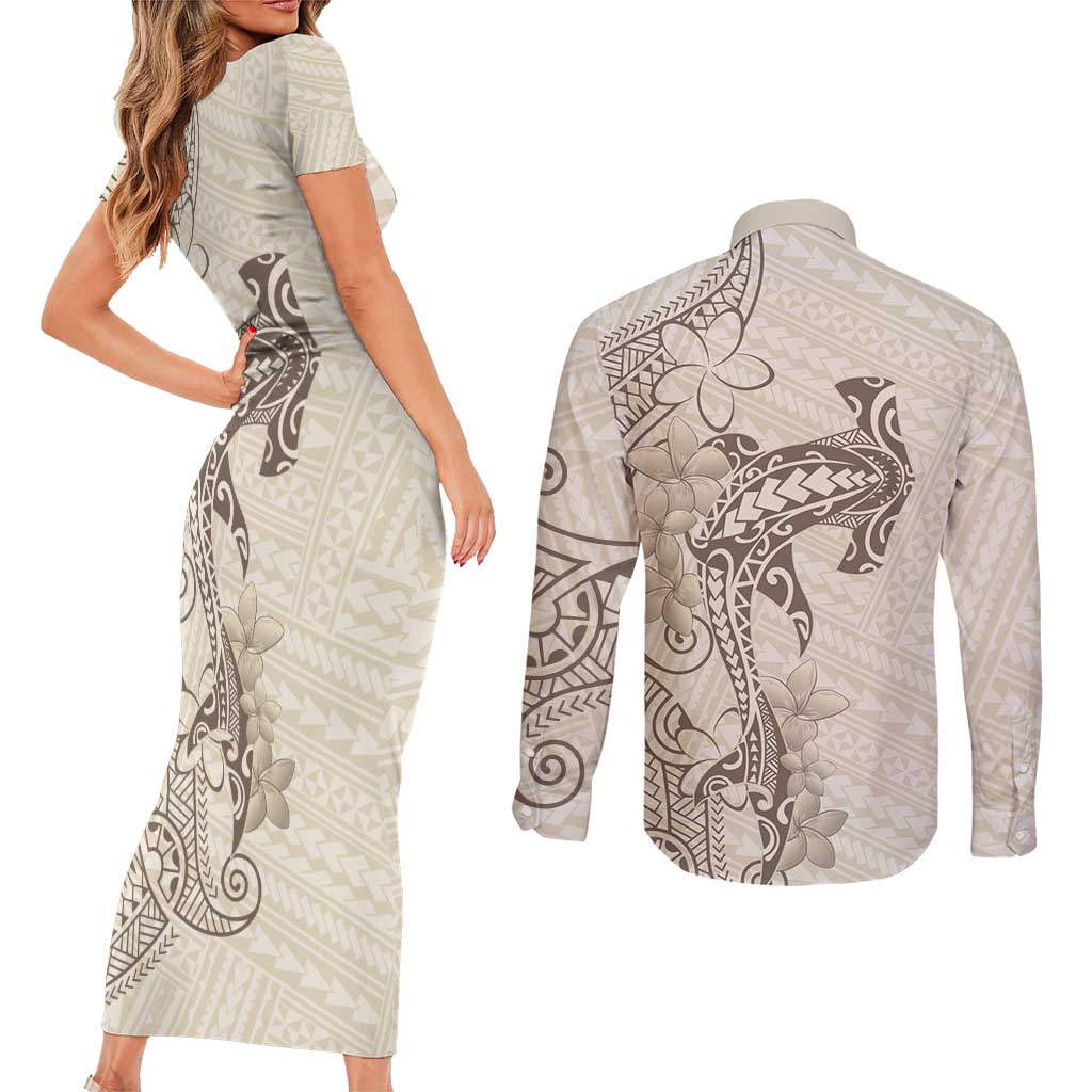 Beige Hawaii Couples Matching Short Sleeve Bodycon Dress and Long Sleeve Button Shirt Hammerhead Shark Tattoo Curve Polynesian LT14 - Polynesian Pride