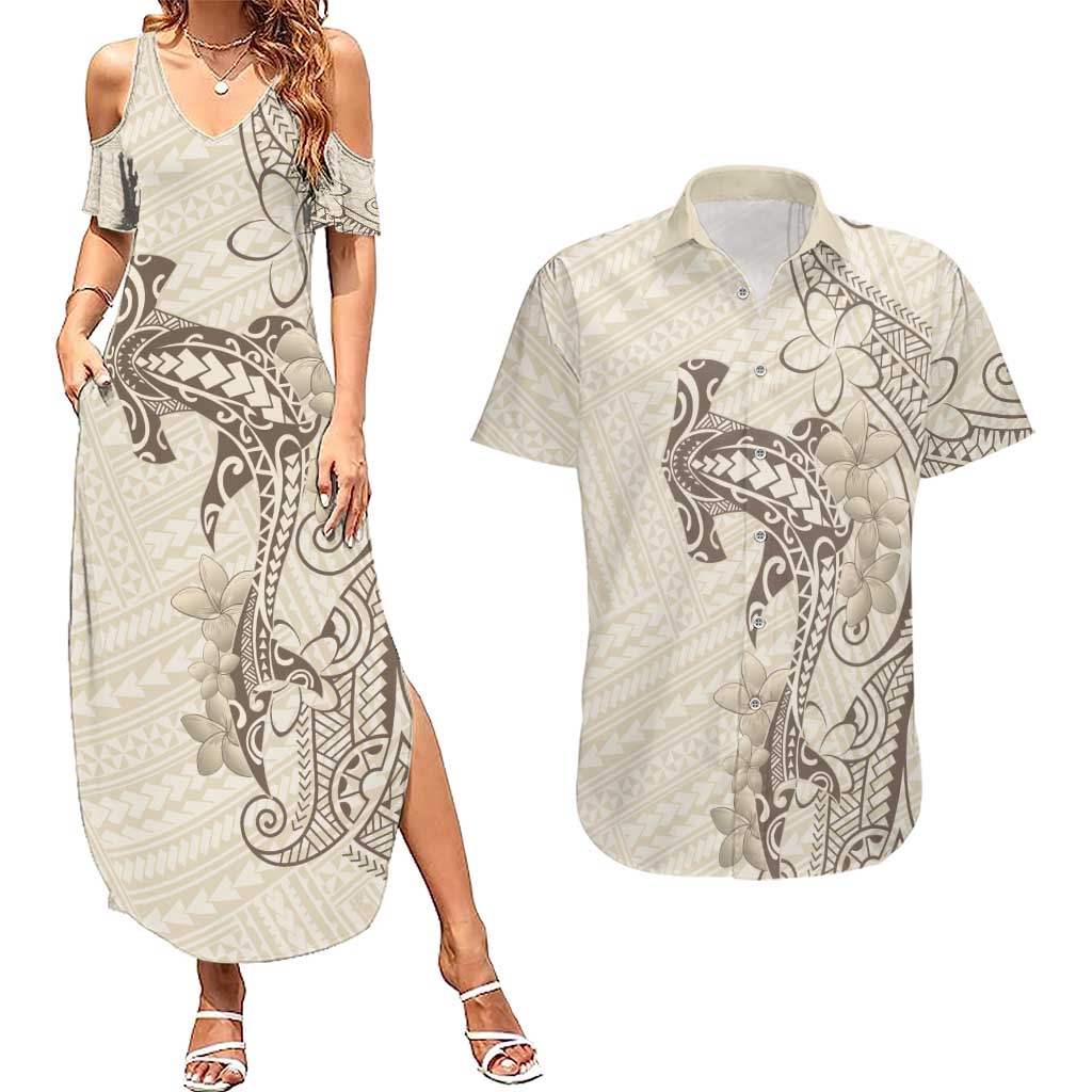 Beige Hawaii Couples Matching Summer Maxi Dress and Hawaiian Shirt Hammerhead Shark Tattoo Curve Polynesian LT14 Beige - Polynesian Pride