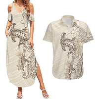Beige Hawaii Couples Matching Summer Maxi Dress and Hawaiian Shirt Hammerhead Shark Tattoo Curve Polynesian LT14 Beige - Polynesian Pride