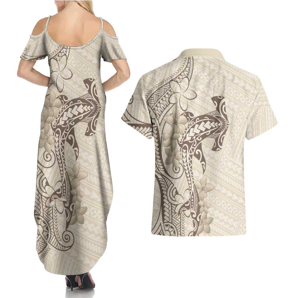 Beige Hawaii Couples Matching Summer Maxi Dress and Hawaiian Shirt Hammerhead Shark Tattoo Curve Polynesian LT14 - Polynesian Pride