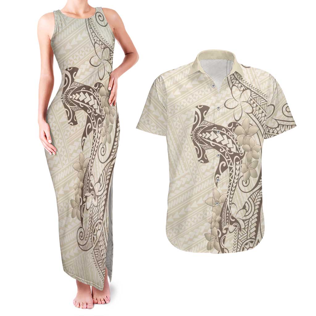 Beige Hawaii Couples Matching Tank Maxi Dress and Hawaiian Shirt Hammerhead Shark Tattoo Curve Polynesian LT14 Beige - Polynesian Pride
