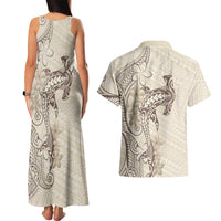 Beige Hawaii Couples Matching Tank Maxi Dress and Hawaiian Shirt Hammerhead Shark Tattoo Curve Polynesian LT14 - Polynesian Pride