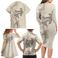 Beige Hawaii Family Matching Long Sleeve Bodycon Dress and Hawaiian Shirt Hammerhead Shark Tattoo Curve Polynesian LT14 - Polynesian Pride