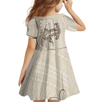 Beige Hawaii Family Matching Off The Shoulder Long Sleeve Dress and Hawaiian Shirt Hammerhead Shark Tattoo Curve Polynesian LT14 - Polynesian Pride