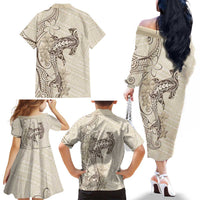 Beige Hawaii Family Matching Off The Shoulder Long Sleeve Dress and Hawaiian Shirt Hammerhead Shark Tattoo Curve Polynesian LT14 - Polynesian Pride