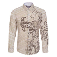 Beige Hawaii Family Matching Off The Shoulder Long Sleeve Dress and Hawaiian Shirt Hammerhead Shark Tattoo Curve Polynesian LT14 Dad's Shirt - Long Sleeve Beige - Polynesian Pride