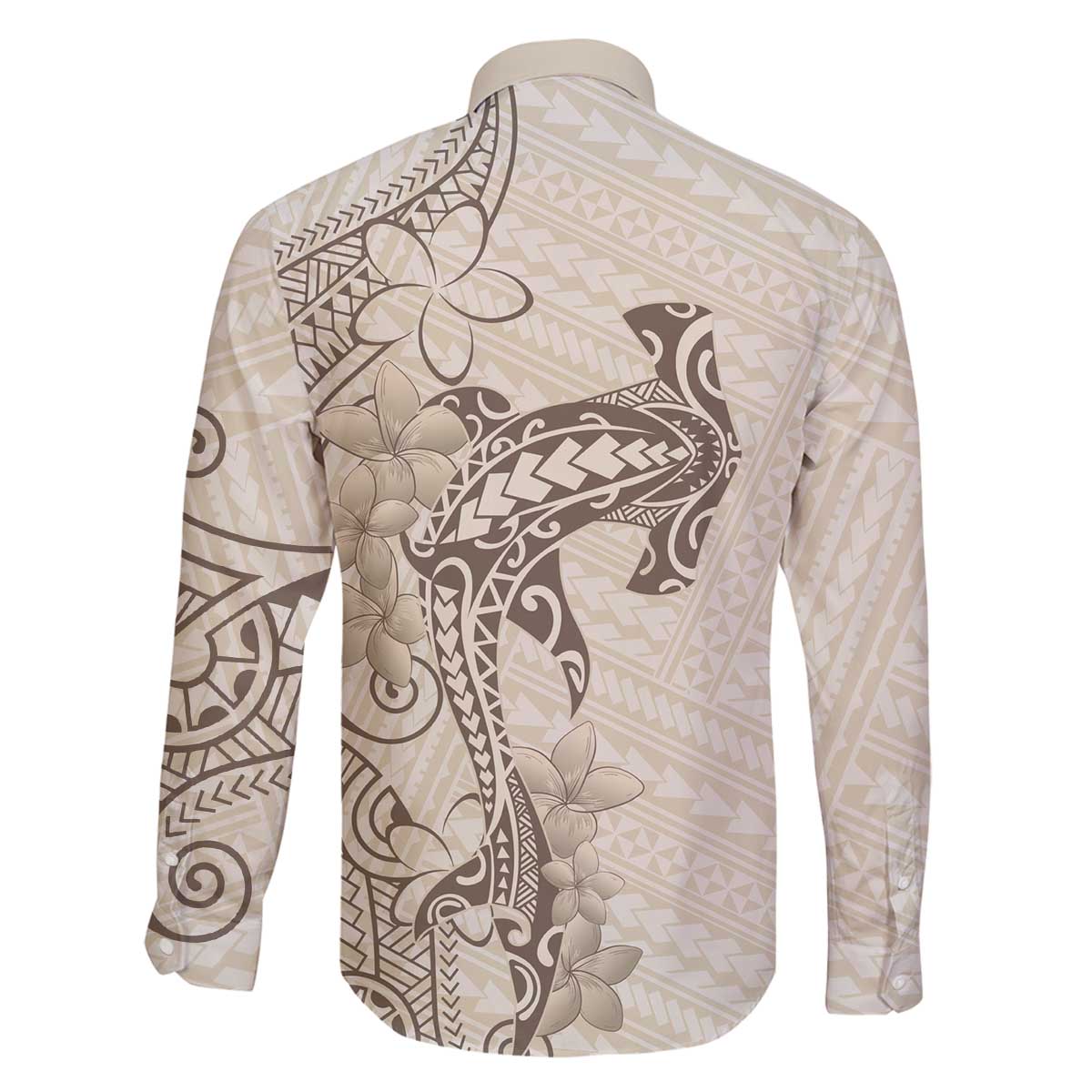 Beige Hawaii Family Matching Off The Shoulder Long Sleeve Dress and Hawaiian Shirt Hammerhead Shark Tattoo Curve Polynesian LT14 - Polynesian Pride