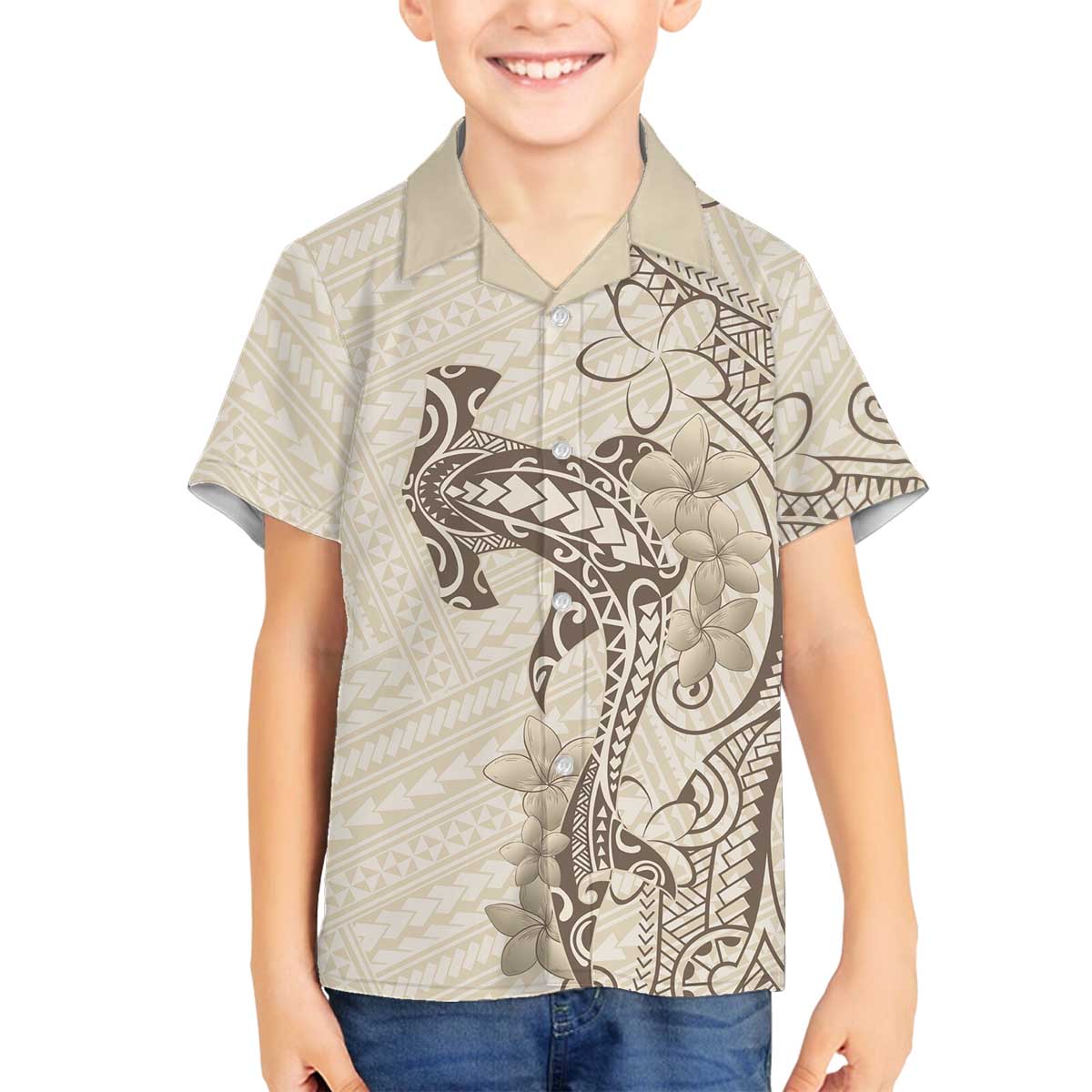 Beige Hawaii Family Matching Off The Shoulder Long Sleeve Dress and Hawaiian Shirt Hammerhead Shark Tattoo Curve Polynesian LT14 Son's Shirt Beige - Polynesian Pride