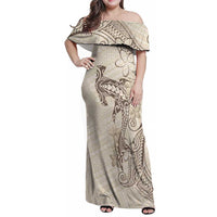 Beige Hawaii Family Matching Off Shoulder Maxi Dress and Hawaiian Shirt Hammerhead Shark Tattoo Curve Polynesian LT14 Mom's Dress Beige - Polynesian Pride