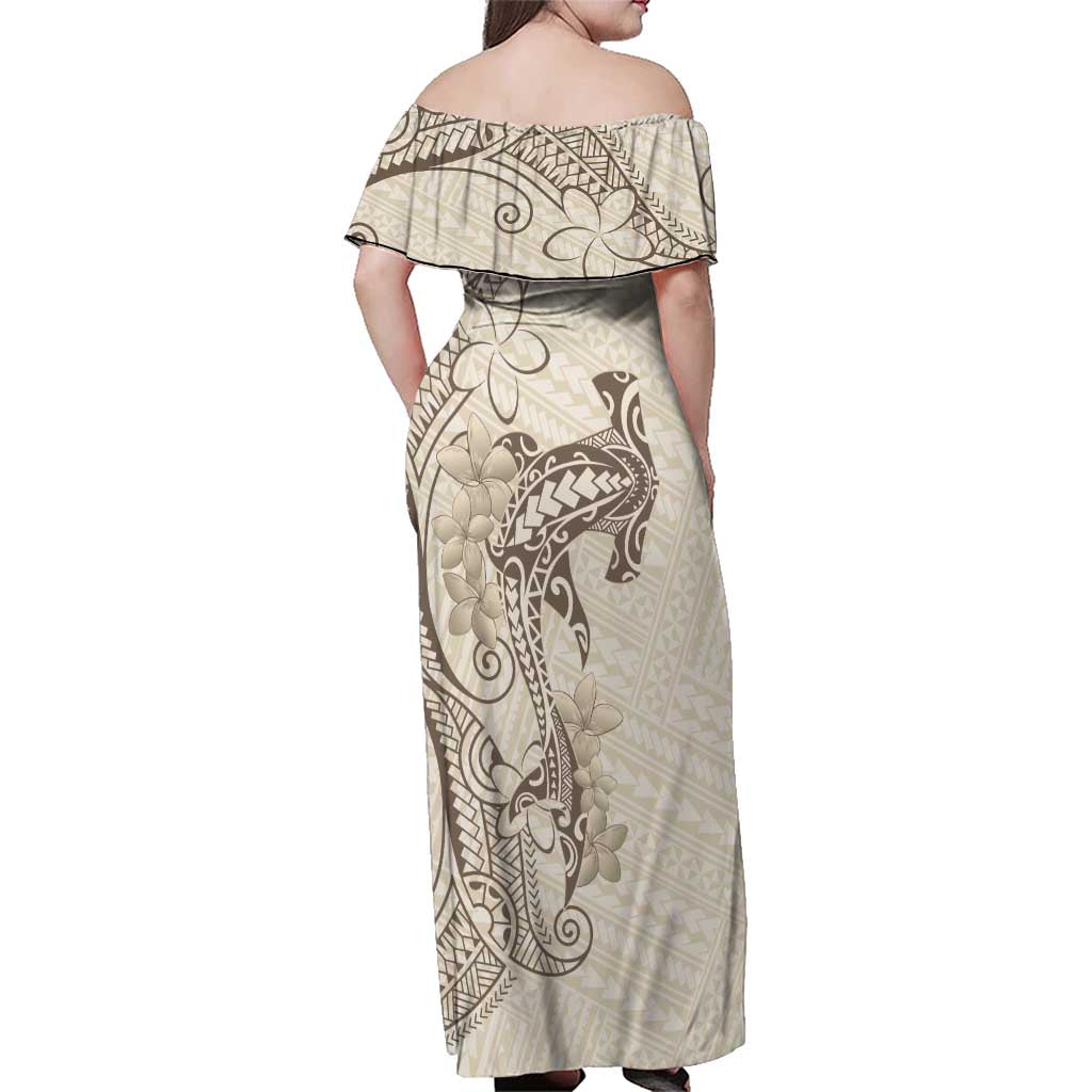 Beige Hawaii Family Matching Off Shoulder Maxi Dress and Hawaiian Shirt Hammerhead Shark Tattoo Curve Polynesian LT14 - Polynesian Pride