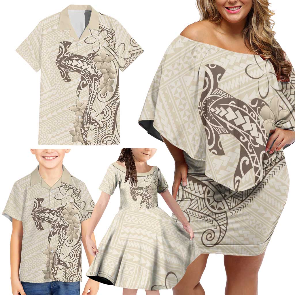 Beige Hawaii Family Matching Off Shoulder Short Dress and Hawaiian Shirt Hammerhead Shark Tattoo Curve Polynesian LT14 - Polynesian Pride