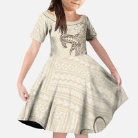Beige Hawaii Family Matching Puletasi and Hawaiian Shirt Hammerhead Shark Tattoo Curve Polynesian LT14 Daughter's Dress Beige - Polynesian Pride