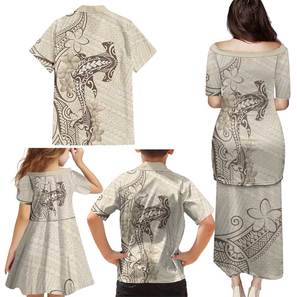 Beige Hawaii Family Matching Puletasi and Hawaiian Shirt Hammerhead Shark Tattoo Curve Polynesian LT14 - Polynesian Pride