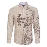 Beige Hawaii Family Matching Puletasi and Hawaiian Shirt Hammerhead Shark Tattoo Curve Polynesian LT14 Dad's Shirt - Long Sleeve Beige - Polynesian Pride