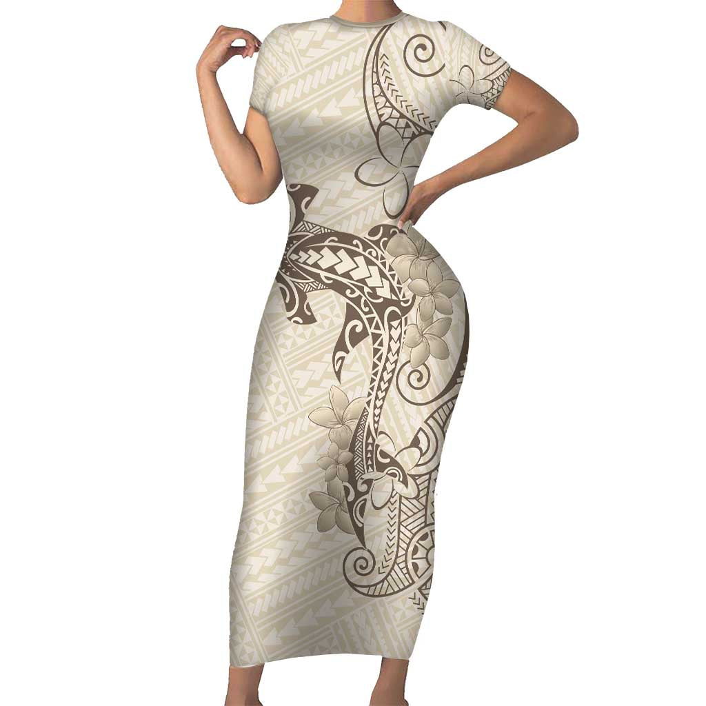 Beige Hawaii Family Matching Short Sleeve Bodycon Dress and Hawaiian Shirt Hammerhead Shark Tattoo Curve Polynesian LT14 Mom's Dress Beige - Polynesian Pride