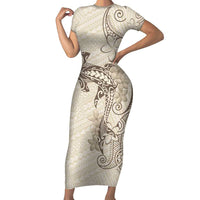 Beige Hawaii Family Matching Short Sleeve Bodycon Dress and Hawaiian Shirt Hammerhead Shark Tattoo Curve Polynesian LT14 Mom's Dress Beige - Polynesian Pride