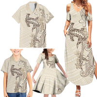 Beige Hawaii Family Matching Summer Maxi Dress and Hawaiian Shirt Hammerhead Shark Tattoo Curve Polynesian LT14 - Polynesian Pride